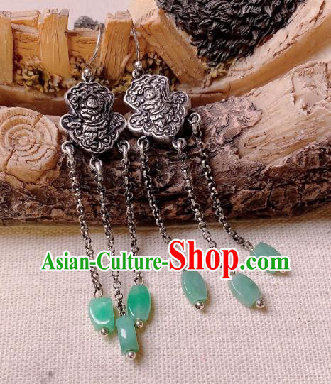 China National Silver Carving Earrings Traditional Cheongsam Jade Tassel Ear Jewelry Accessories