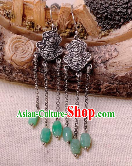 China National Silver Carving Earrings Traditional Cheongsam Jade Tassel Ear Jewelry Accessories