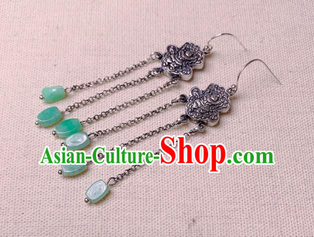 China National Silver Carving Earrings Traditional Cheongsam Jade Tassel Ear Jewelry Accessories