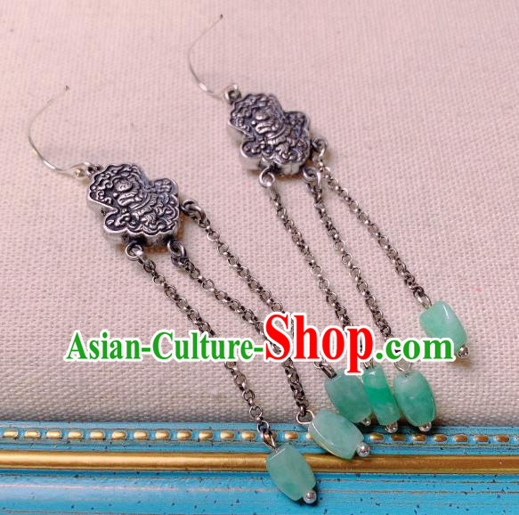 China National Silver Carving Earrings Traditional Cheongsam Jade Tassel Ear Jewelry Accessories