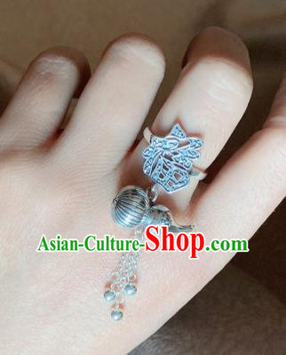 Chinese Handmade Ethnic Bells Tassel Ring National Silver Carving Gourd Circlet Jewelry