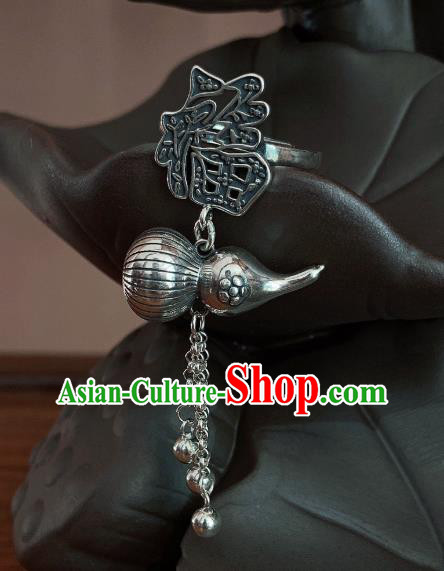Chinese Handmade Ethnic Bells Tassel Ring National Silver Carving Gourd Circlet Jewelry