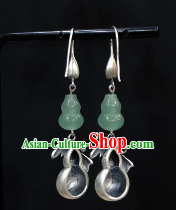 China Traditional Cheongsam Jade Gourd Ear Accessories National Silver Carving Earrings