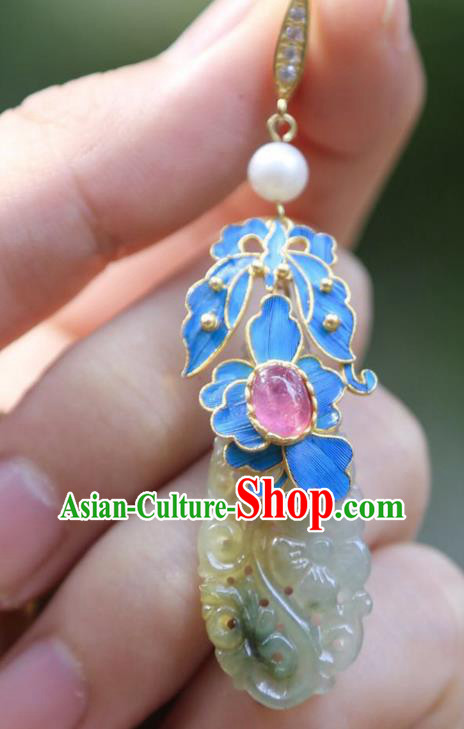 Chinese Ancient Qing Dynasty Court Jade Ear Accessories Handmade Traditional Tourmaline Earrings Jewelry