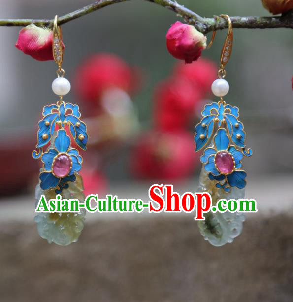Chinese Ancient Qing Dynasty Court Jade Ear Accessories Handmade Traditional Tourmaline Earrings Jewelry