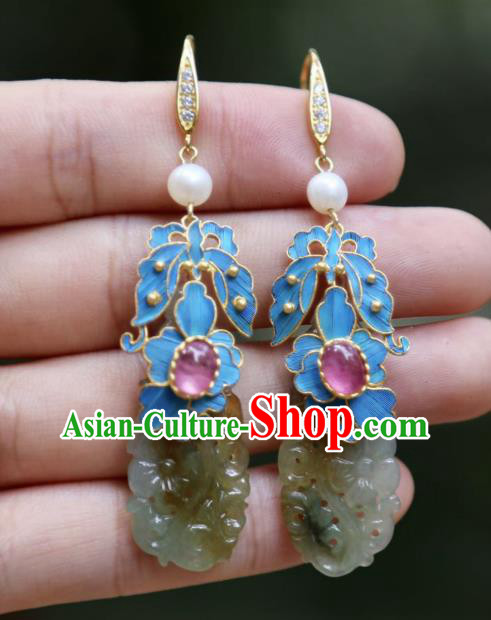 Chinese Ancient Qing Dynasty Court Jade Ear Accessories Handmade Traditional Tourmaline Earrings Jewelry
