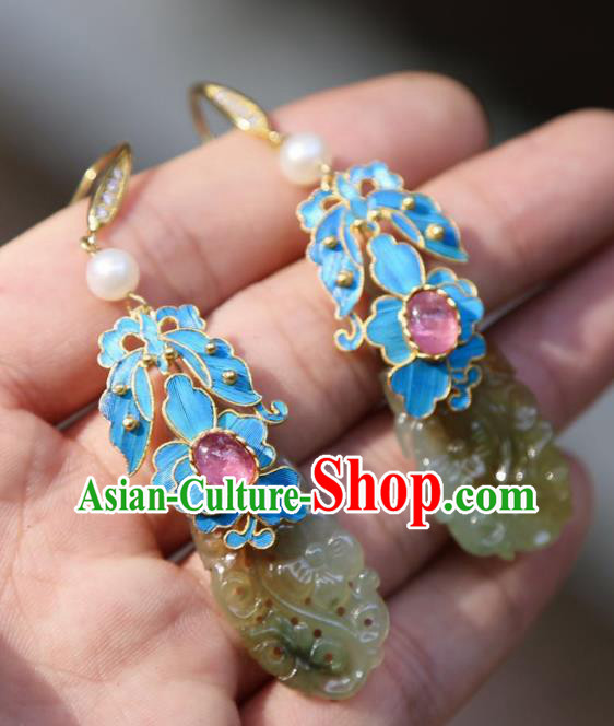 Chinese Ancient Qing Dynasty Court Jade Ear Accessories Handmade Traditional Tourmaline Earrings Jewelry