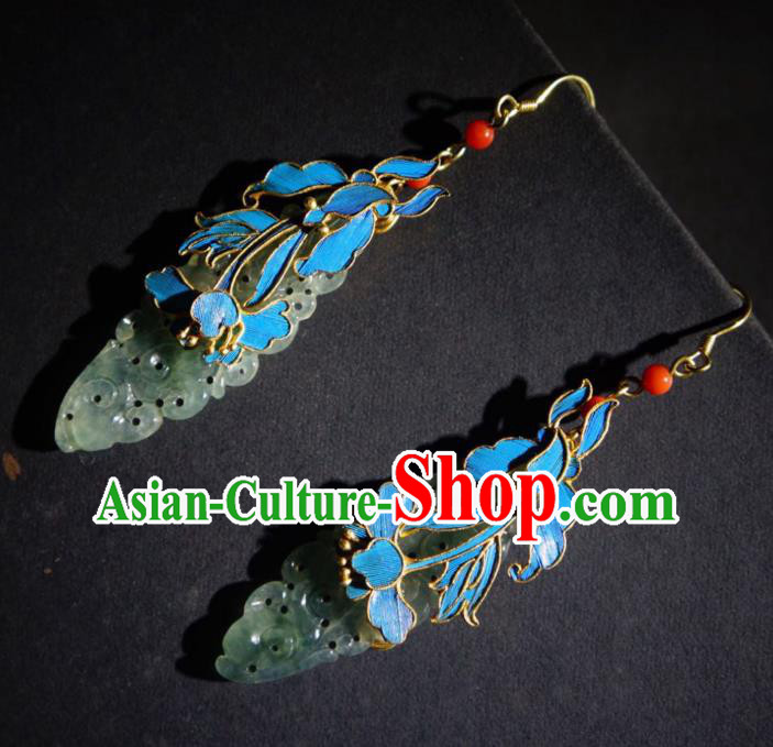 Chinese Handmade Traditional Jade Earrings Jewelry Ancient Qing Dynasty Court Ear Accessories