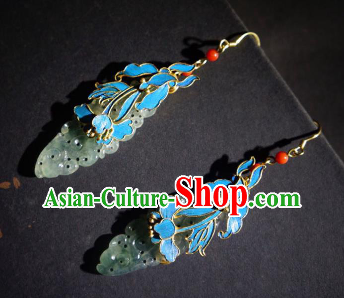 Chinese Handmade Traditional Jade Earrings Jewelry Ancient Qing Dynasty Court Ear Accessories