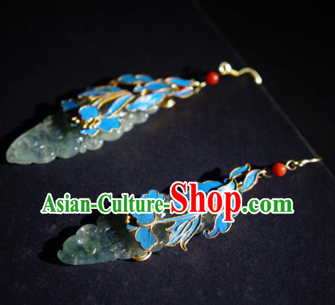 Chinese Handmade Traditional Jade Earrings Jewelry Ancient Qing Dynasty Court Ear Accessories