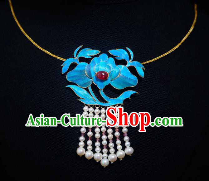 China Traditional Pearls Tassel Necklace Jewelry Accessories Qing Dynasty Cloisonne Lotus Necklet Pendant