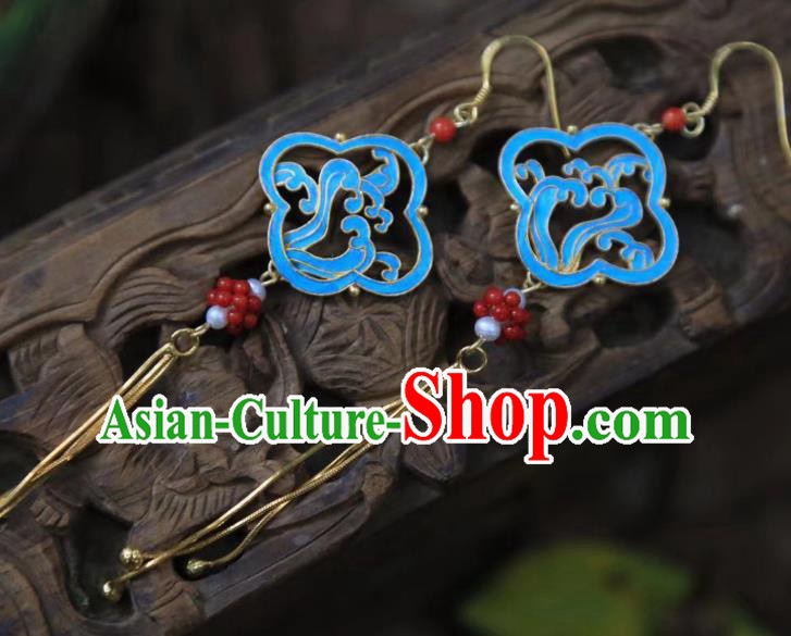 Chinese Handmade Traditional Garnet Earrings Jewelry Ancient Qing Dynasty Court Golden Tassel Ear Accessories