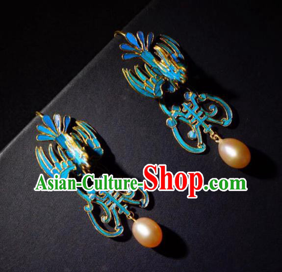 Chinese Ancient Qing Dynasty Court Ear Accessories Traditional Blueing Phoenix Earrings Jewelry