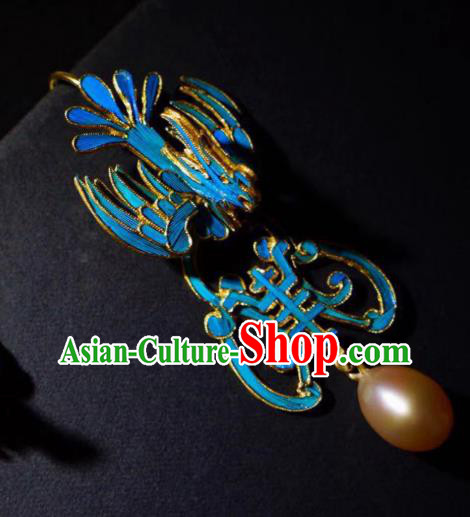 Chinese Ancient Qing Dynasty Court Ear Accessories Traditional Blueing Phoenix Earrings Jewelry