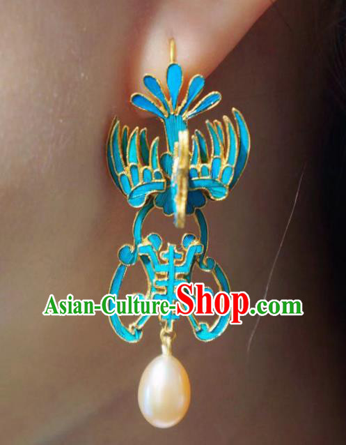 Chinese Ancient Qing Dynasty Court Ear Accessories Traditional Blueing Phoenix Earrings Jewelry