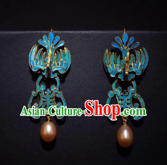 Chinese Ancient Qing Dynasty Court Ear Accessories Traditional Blueing Phoenix Earrings Jewelry