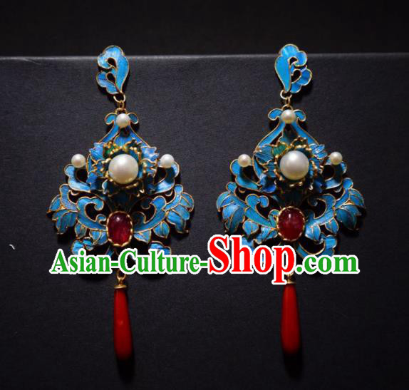Chinese Traditional Pearls Earrings Jewelry Ancient Qing Dynasty Agate Ear Accessories