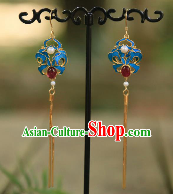 Chinese Ancient Qing Dynasty Golden Tassel Ear Accessories Traditional Garnet Earrings Jewelry