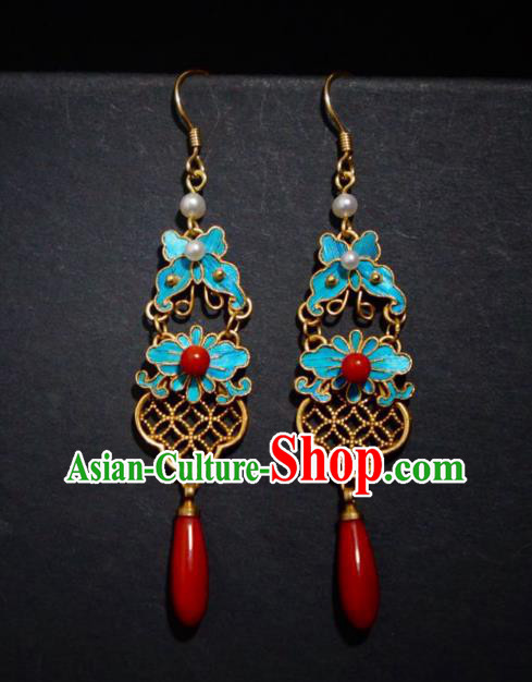 Chinese Ancient Qing Dynasty Butterfly Ear Accessories Traditional Agate Earrings Culture Jewelry