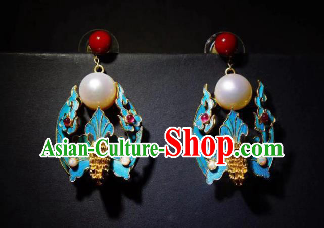 Chinese Ancient Qing Dynasty Filigree Bat Ear Accessories Traditional Culture Jewelry Pearl Earrings