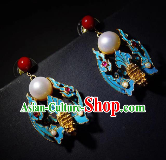 Chinese Ancient Qing Dynasty Filigree Bat Ear Accessories Traditional Culture Jewelry Pearl Earrings