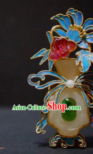 China Handmade Ancient Empress Jade Vase Brooch Accessories Traditional Qing Dynasty Orchids Breastpin Jewelry