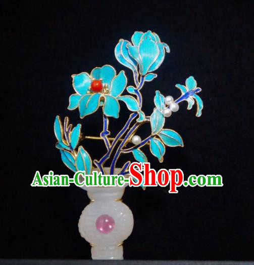 China Traditional Qing Dynasty Blueing Peony Breastpin Jewelry Handmade Jade Vase Brooch Accessories
