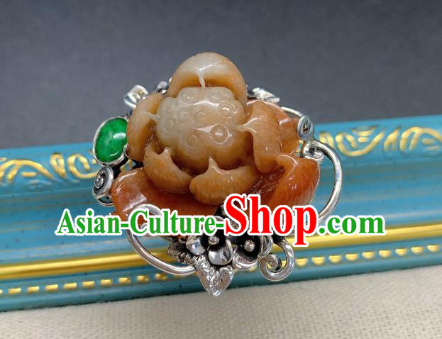 Chinese Handmade Ethnic Agate Lotus Ring National Silver Carving Circlet Jewelry