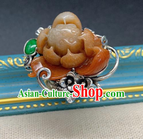 Chinese Handmade Ethnic Agate Lotus Ring National Silver Carving Circlet Jewelry