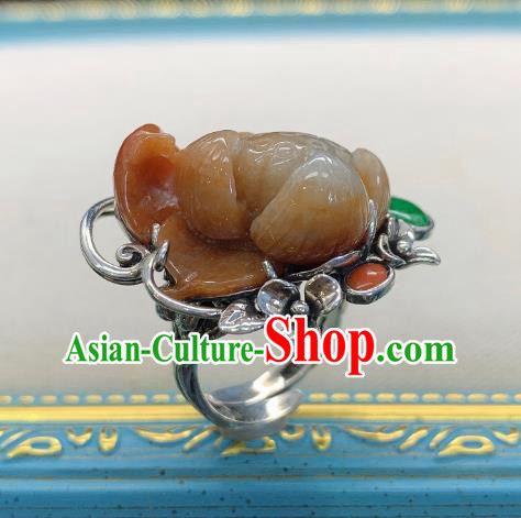 Chinese Handmade Ethnic Agate Lotus Ring National Silver Carving Circlet Jewelry