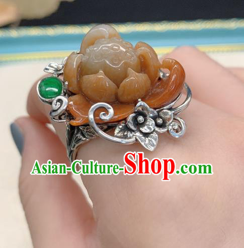 Chinese Handmade Ethnic Agate Lotus Ring National Silver Carving Circlet Jewelry