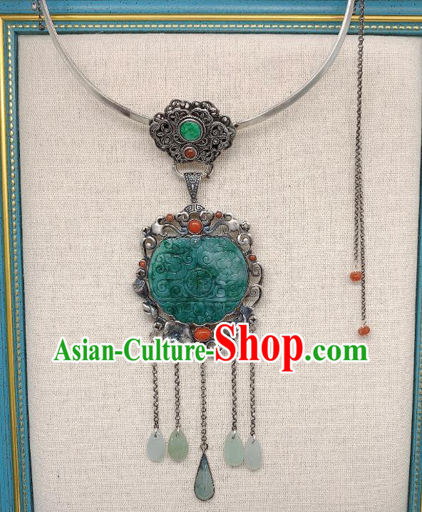 Handmade Chinese National Silver Tassel Necklet Pendant Jadeite Necklace Accessories