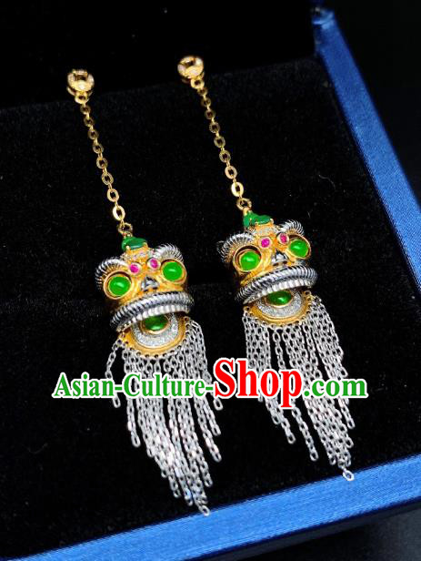 China National Golden Lion Earrings Jewelry Traditional Cheongsam Jade Ear Accessories