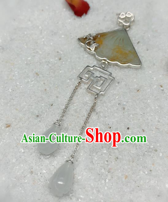 Handmade Chinese Mangnolia Tassel Necklace Accessories National Jade Fan Necklet Pendant