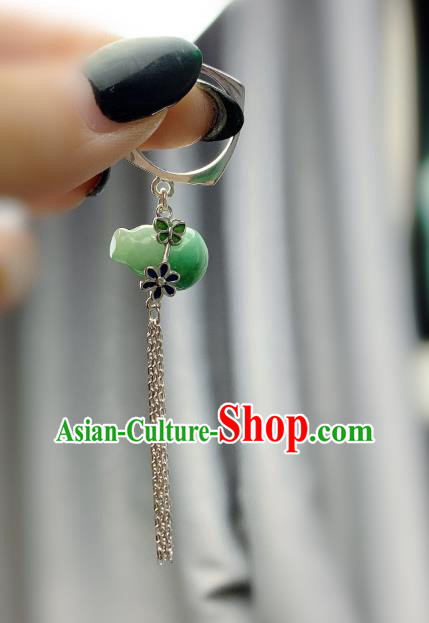Chinese Handmade Jadeite Gourd Ring National Silver Tassel Circlet Jewelry