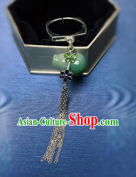 Chinese Handmade Jadeite Gourd Ring National Silver Tassel Circlet Jewelry