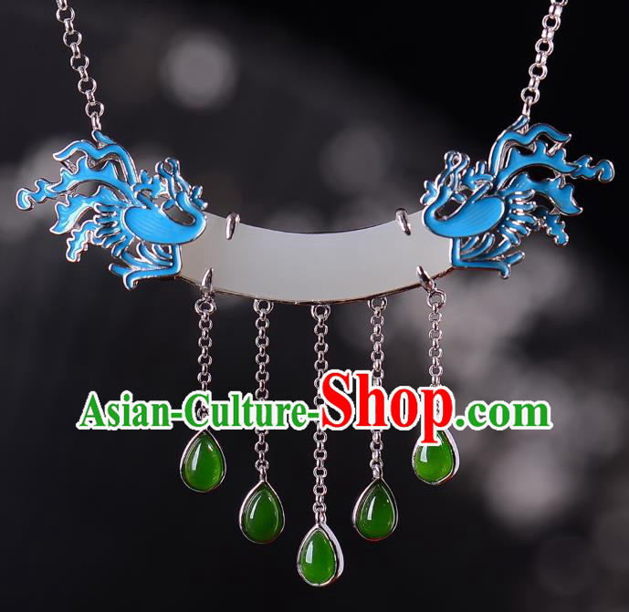 Handmade Chinese Phoenix Necklace Accessories National White Jade Necklet Pendant