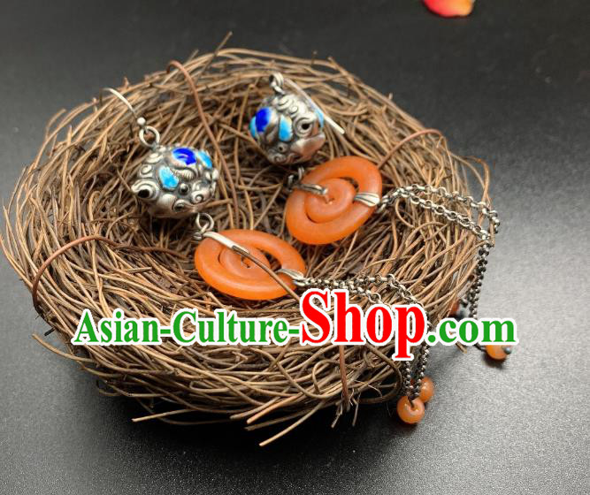 China National Blueing Silver Lion Earrings Jewelry Traditional Cheongsam Agate Ear Accessories
