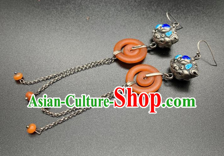 China National Blueing Silver Lion Earrings Jewelry Traditional Cheongsam Agate Ear Accessories