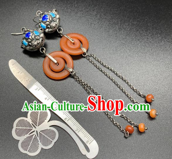 China National Blueing Silver Lion Earrings Jewelry Traditional Cheongsam Agate Ear Accessories