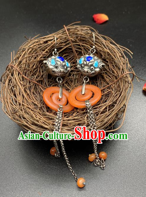 China National Blueing Silver Lion Earrings Jewelry Traditional Cheongsam Agate Ear Accessories