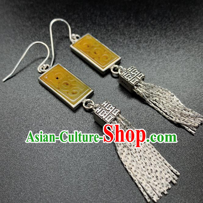 China National Wedding Silver Tassel Earrings Jewelry Traditional Cheongsam Jadeite Ear Accessories