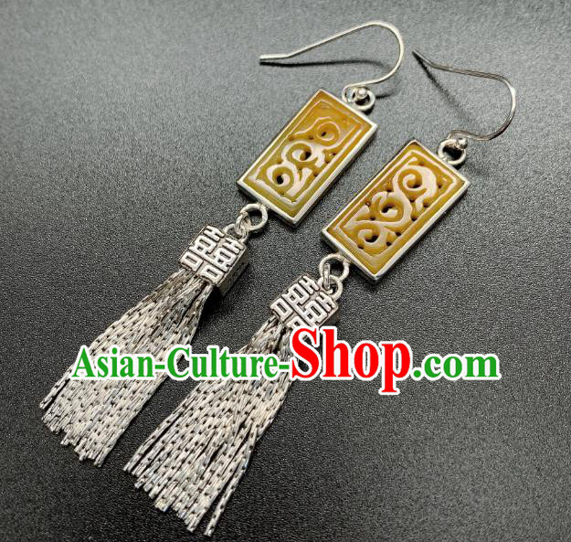 China National Wedding Silver Tassel Earrings Jewelry Traditional Cheongsam Jadeite Ear Accessories