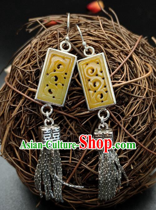 China National Wedding Silver Tassel Earrings Jewelry Traditional Cheongsam Jadeite Ear Accessories