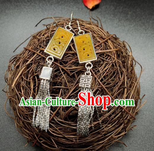China National Wedding Silver Tassel Earrings Jewelry Traditional Cheongsam Jadeite Ear Accessories
