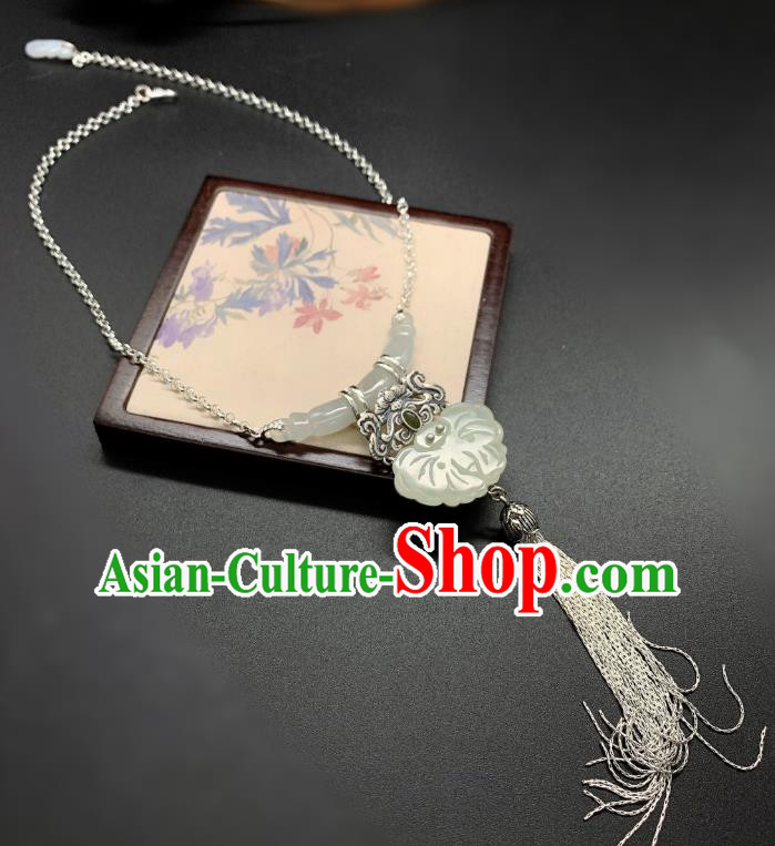 Handmade Chinese Jade Butterfly Necklace Accessories National Silver Tassel Necklet Pendant