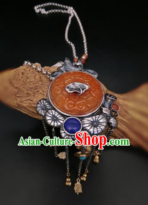 Handmade Chinese Silver Fish Necklace Accessories National Agate Carving Necklet Pendant
