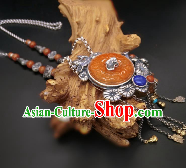 Handmade Chinese Silver Fish Necklace Accessories National Agate Carving Necklet Pendant