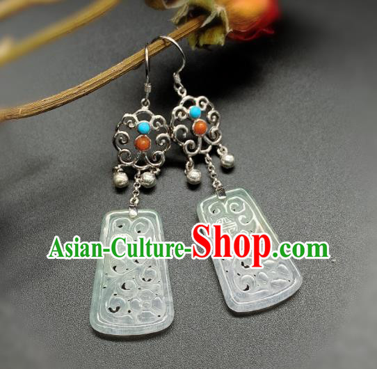 China Traditional Wedding Silver Ear Accessories National Cheongsam Jade Carving Earrings Jewelry