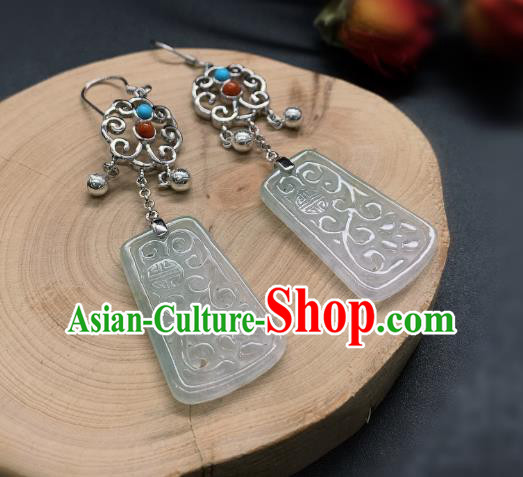 China Traditional Wedding Silver Ear Accessories National Cheongsam Jade Carving Earrings Jewelry